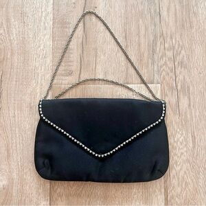 Vintage 1950s La Regale Dianmond Shape Rihnstones Black Satin Evening Bag Clutch